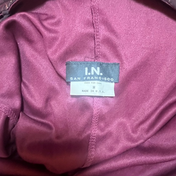 I.N. San Francisco lined handkerchief hem cocktail dress in burgundy with gold - Picture 8 of 15